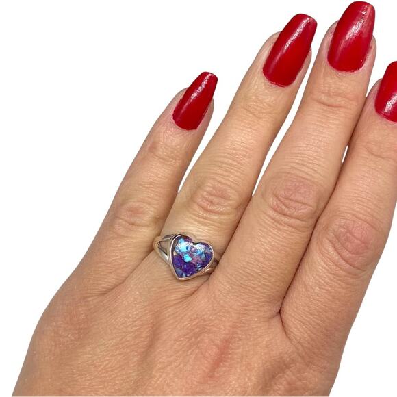 Kingman Turquoise Heart Ring Size 7 Solid 925 Sterling Silver Purple Blue Stone - Picture 2 of 8